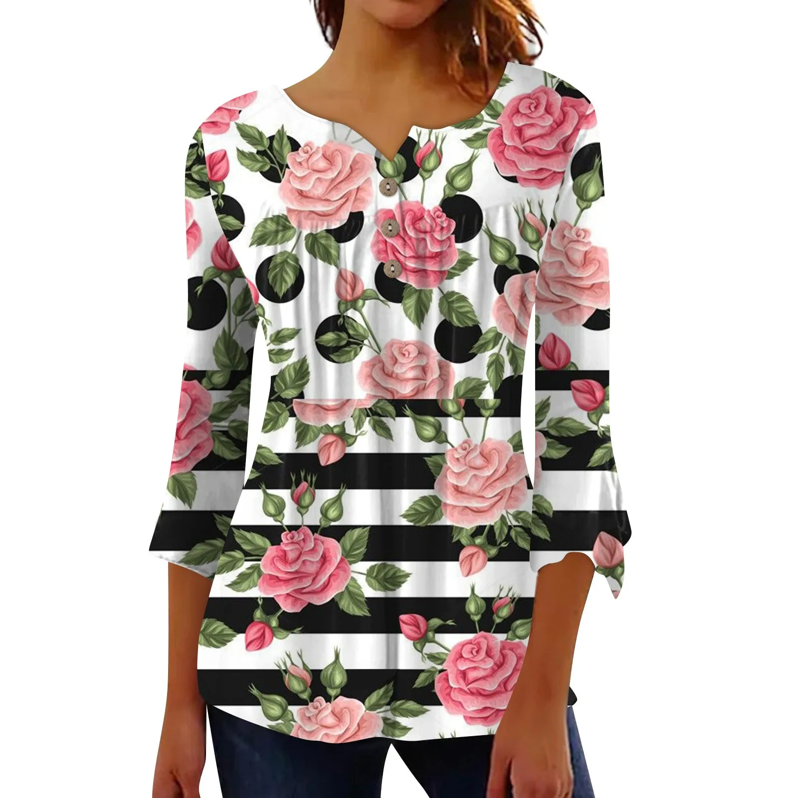 

Button Down Shirts For Women Print Tunic Summer Tops Dressy Casual Bell 3/4 Sleeve V Neck Spring Blouses Top Women Fashion Woman