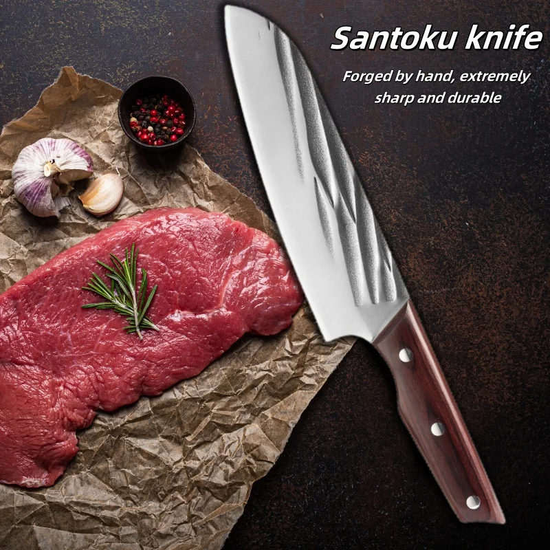 Фото 7,5-дюймовый нож Santoku, профессиональные ножи из высокоуглеродистой стали, кухонные ножи для нарезки мяса, овощей, японский ручной работы, ручная ковка №1