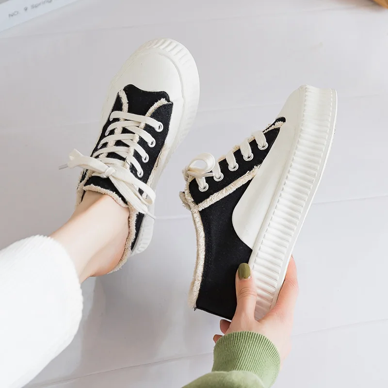 

Summer 2022 New Thick Soled Raised Half Canvas Shoes for Women 7.0cm Internal Increasing Heel White Black Sneakers Girls 34-39