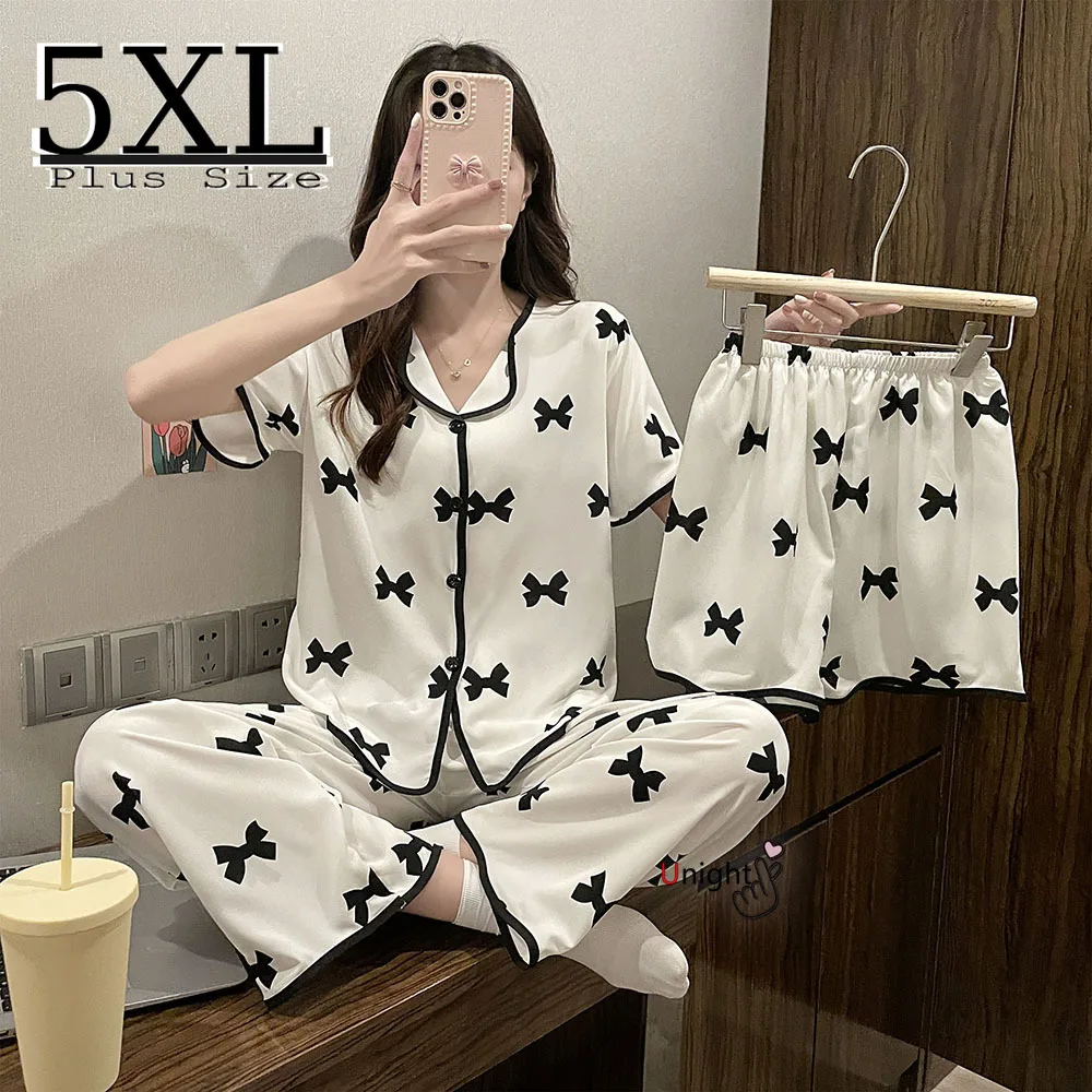 

Summer Women Pajamas Sets Satin Short-sleeve Sleepwear Silk 3 Pieces with Shorts Nightwear Pyjama Sleep Lounge Pijama