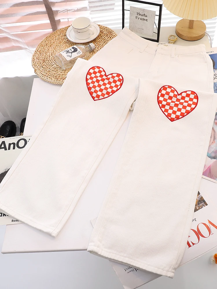 

Patch Designs Heart Jeans for Women High Waisted White Boyfriend Pants Straight Wide Leg Vintage Streetwear Trousers