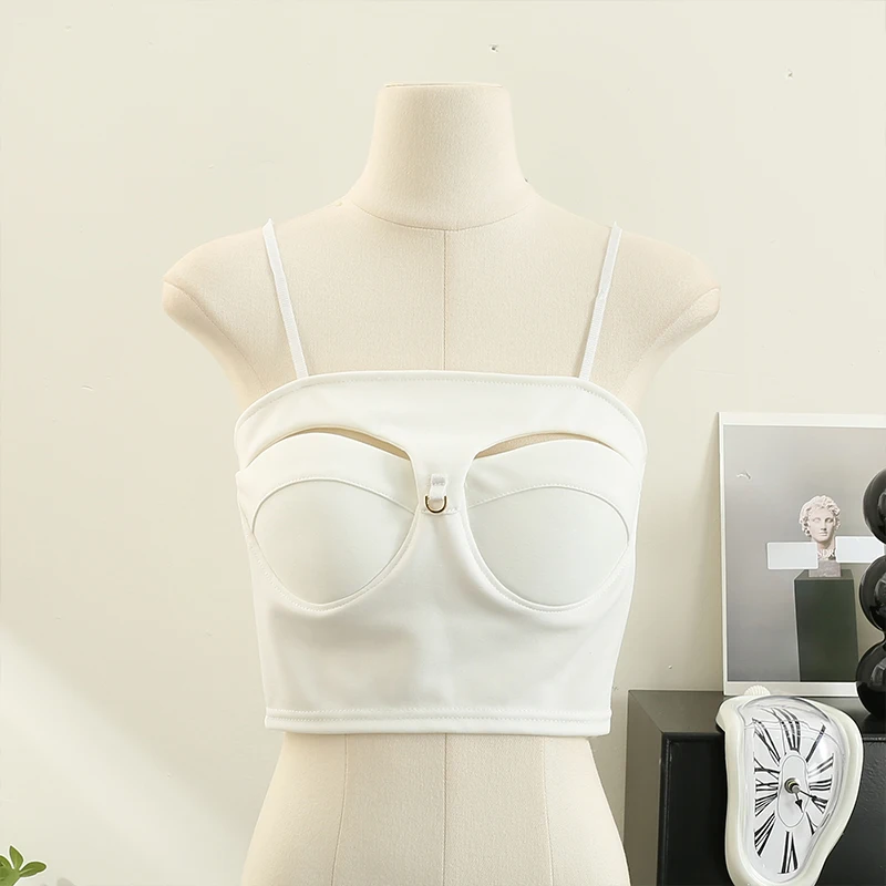 

Women Sexy Cotton Camis Summer Hollow Out Sequined Button Sleeveless Tank Tops Female Chic Off Shoulder Backless Zipper Crop Top