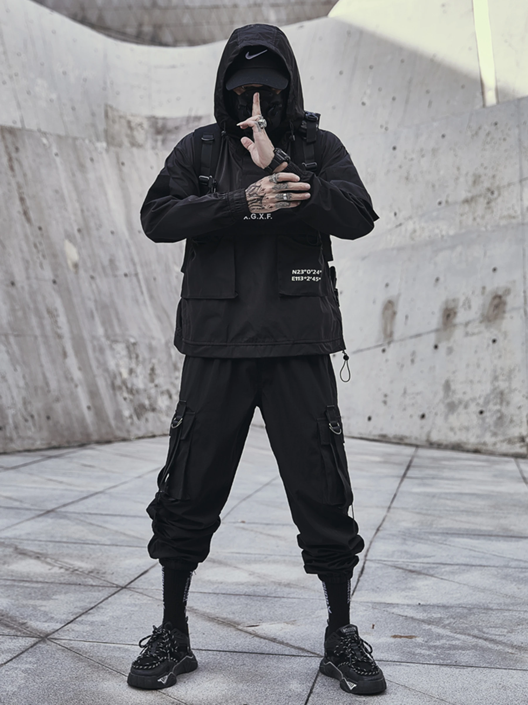 Темный панк Харадзюку Тактический Костюм с капюшоном свободная куртка-карго