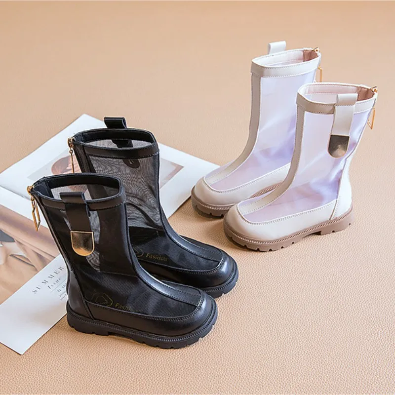 2023 New Girls' Summer Thin Mesh Boots Princess Short Boots Hollow out Breathable Fashion Versatile Children's Show Boots
