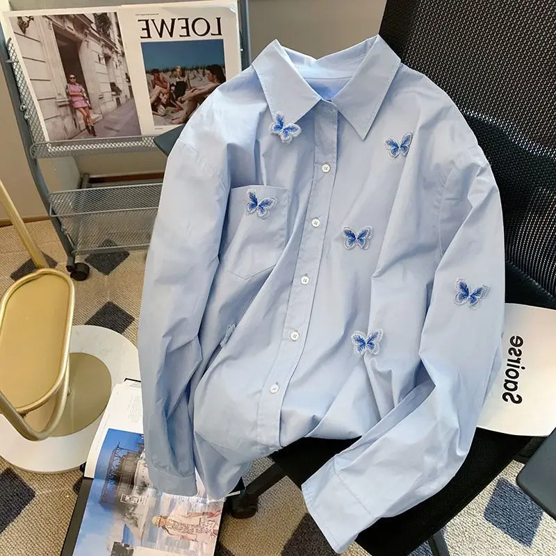 

2023 Spring Summer Single Breasted Blue Butterfly Decal Loose Women Shirt Turn-Down Collar Embroidery Long Sleeve Blouse Camisas