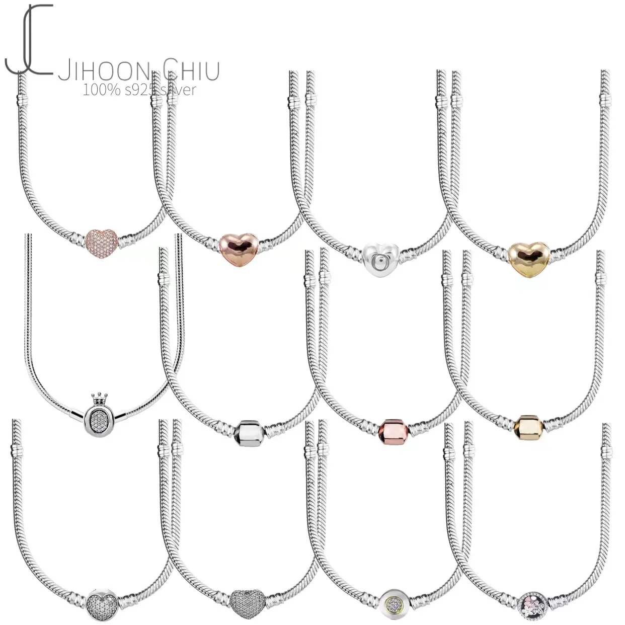 

New 925 Sterling Silver Sparkling Crown O Pave Heart Poetic Blooms Clasp Snake Chain Necklace For Pan Bead Charm DIY Jewelry