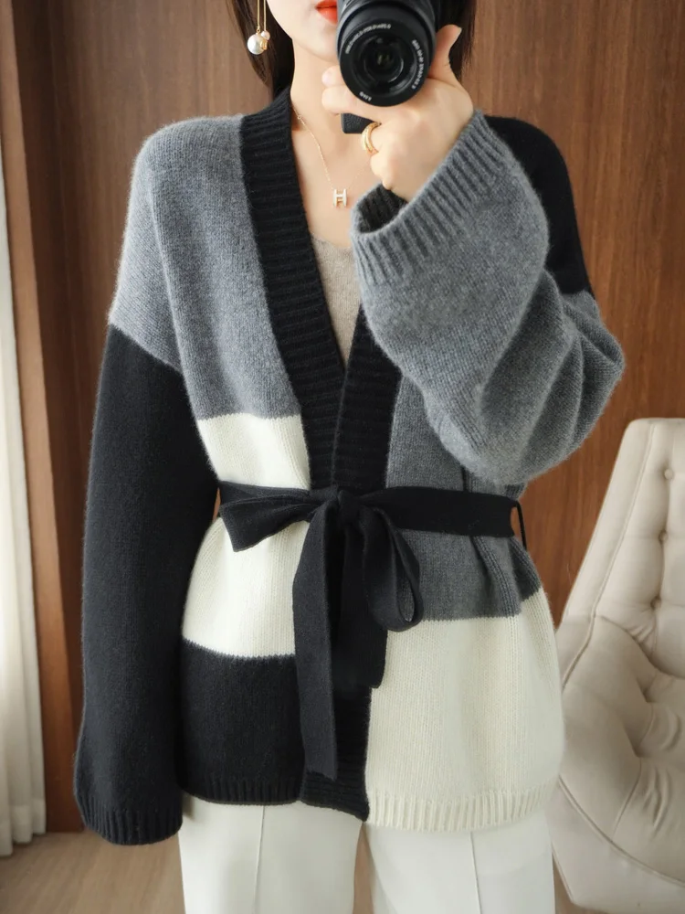 Cashmere cardigan autumn/winter V-neck knitted sweater casual splicing women's tops thickened 100% wool coat loose belt sweater