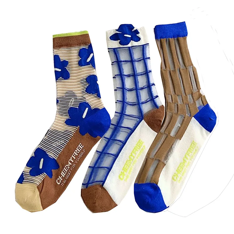 

3Pair Flower Socks Women Blue Glass Silk Cool Socks Summer Long Wear-resistant Cotton Bottom Breathable Transparent Korean Style