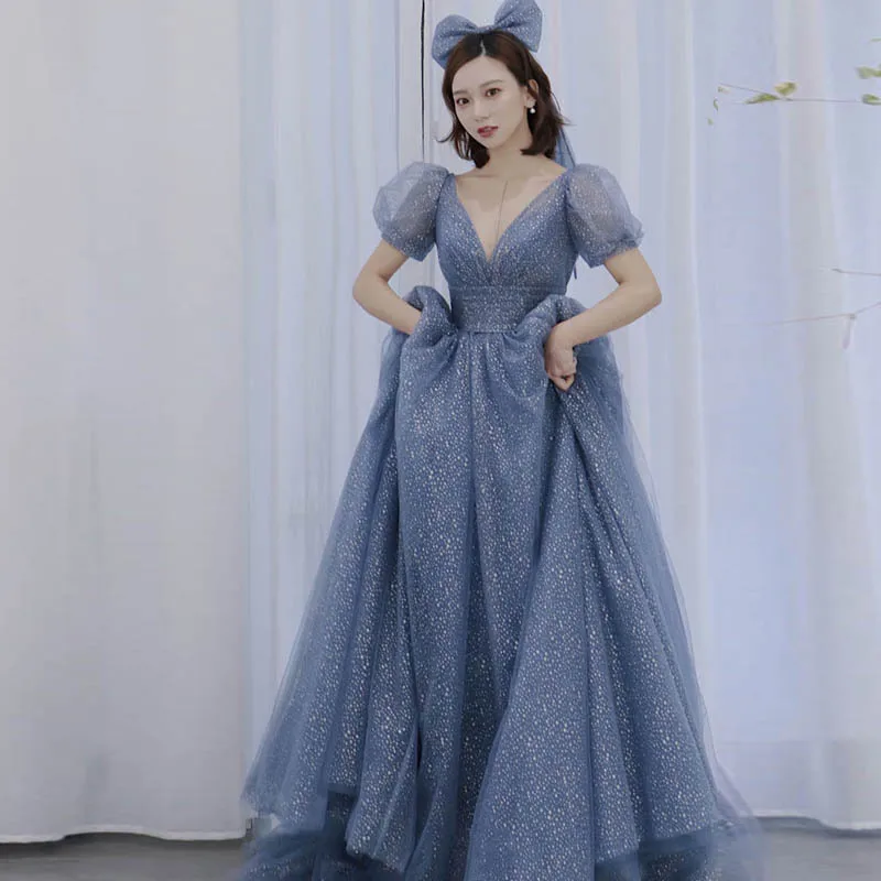 

Blue Puff Sleeve Women Evening Dress Tailing Ball Gown Dresses Sexy V-Neck Plus Size 3XL Bridesmaid Wedding Banquet Prom Gown