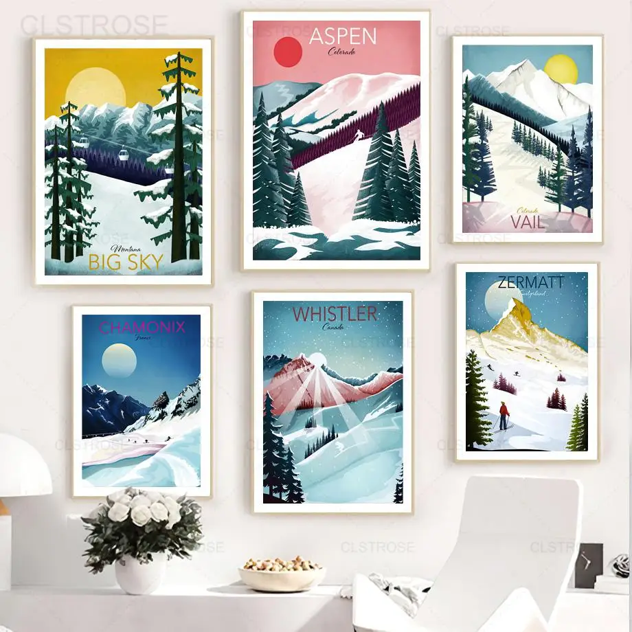 

Snow Mountain Cedar Skiing Canvas Painting Nordic Winter Landscape Posters Ski Race Wall Art Picture for Living Room Home Decor