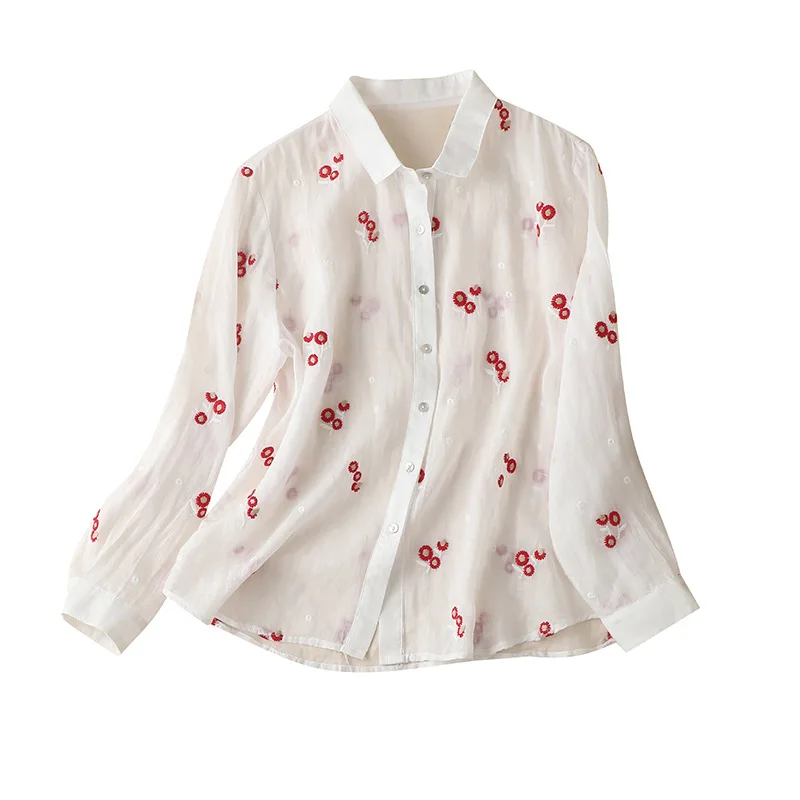 

Женские топы из тонкой ткани рами, весна-лето 2022, прозрачные блузы с отложным воротником и цветочной вышивкой, женская одежда