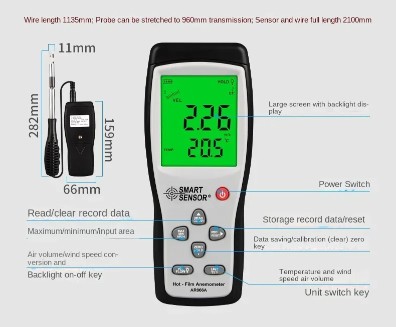 AR866A 0-30 м/с термоанемометр с горячей проволокой тестер цифровой измеритель