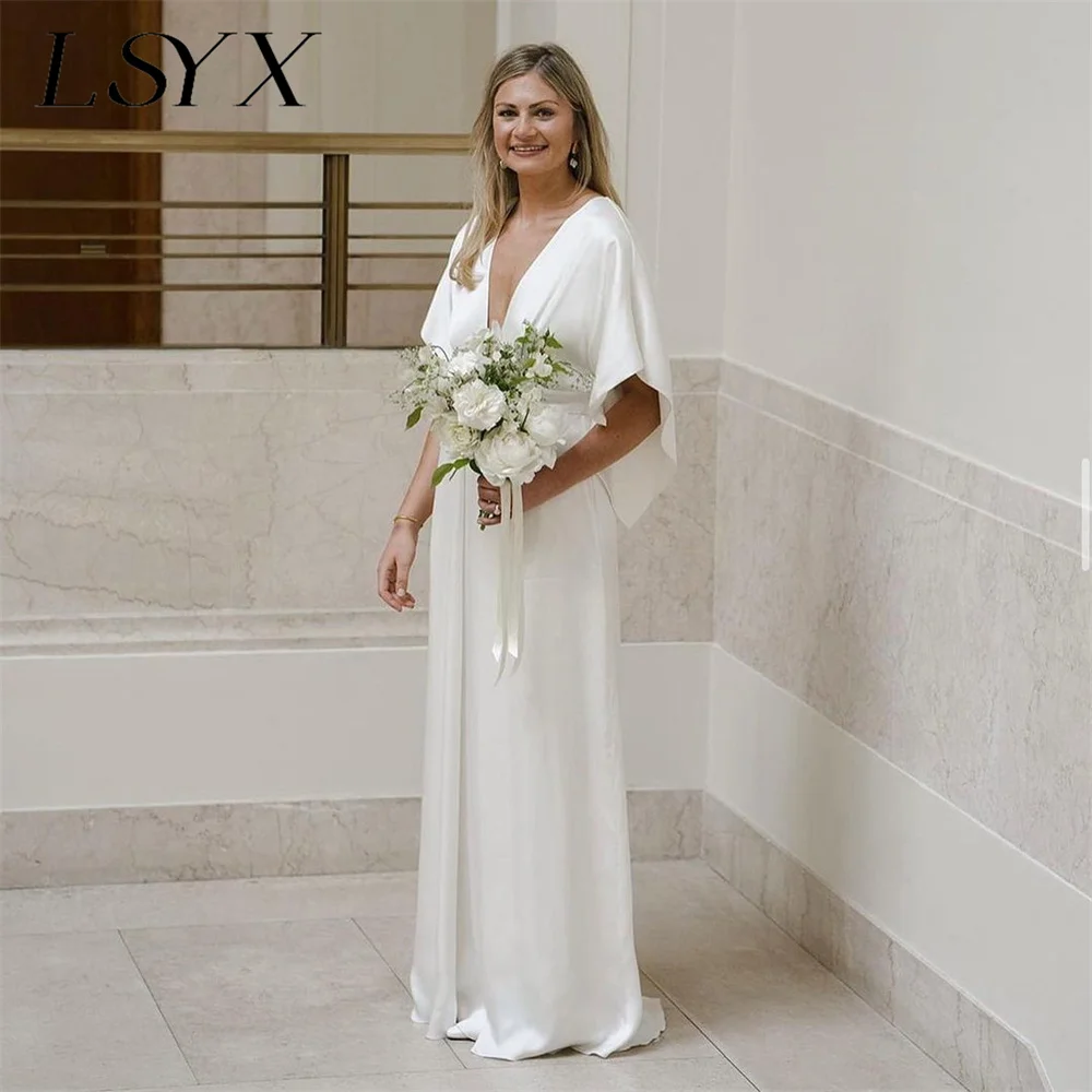 

Женское атласное платье-трапеция LSYX, белое свадебное платье до пола с V-образным вырезом и рукавами «летучая мышь», вырезами и открытой спиной, индивидуальный пошив
