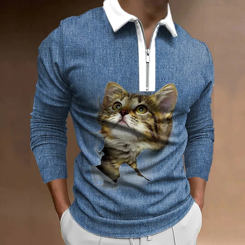 Men's Polo Shirt Golf Shirt Animal Cat Graphic Prints Turndown 3D Print Outdoor Street Long Sleeve Zipper Print Streetwear