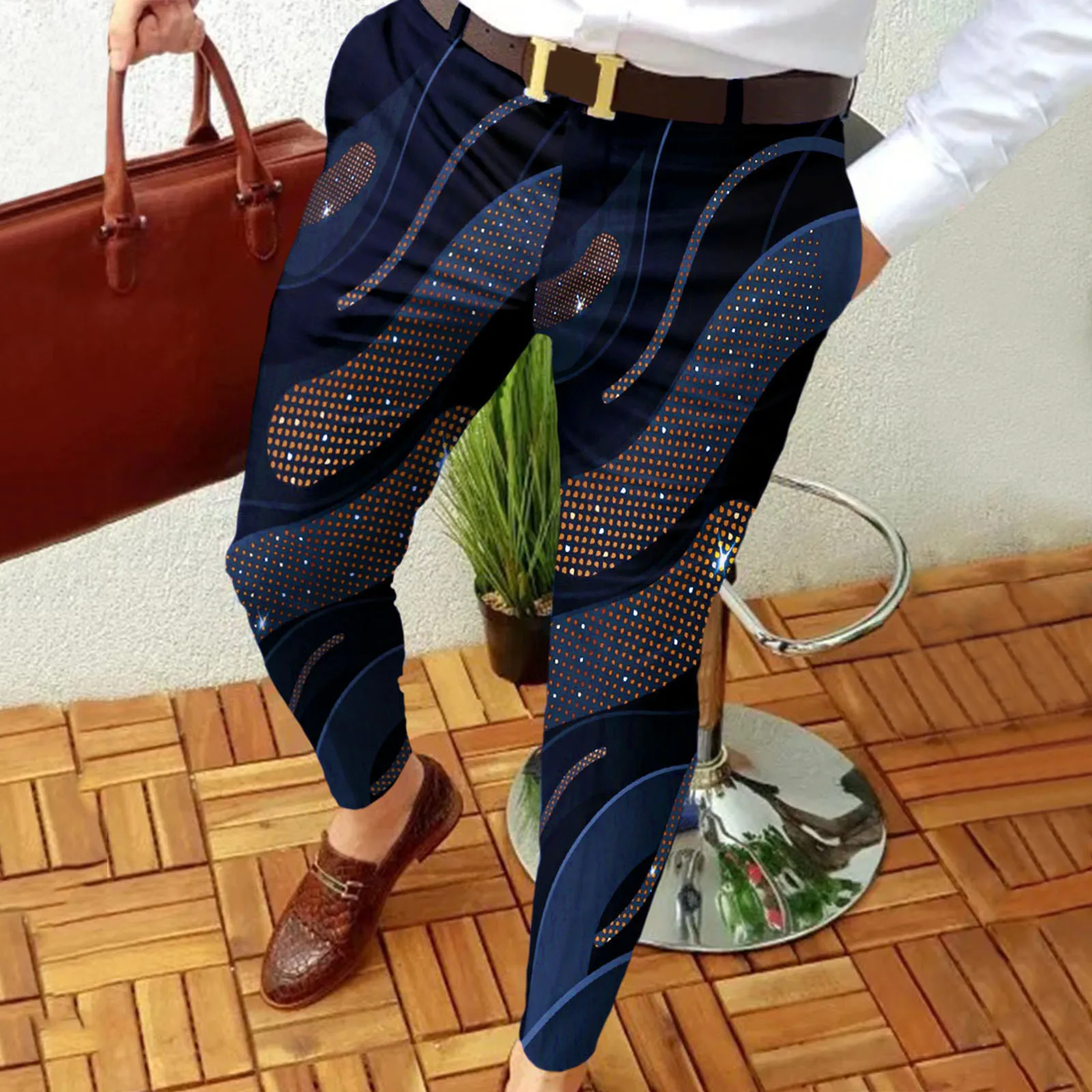 

Men Slim Fit Print Zipper Button Trousers Suit Pants Male Casual Fashion Long Pants