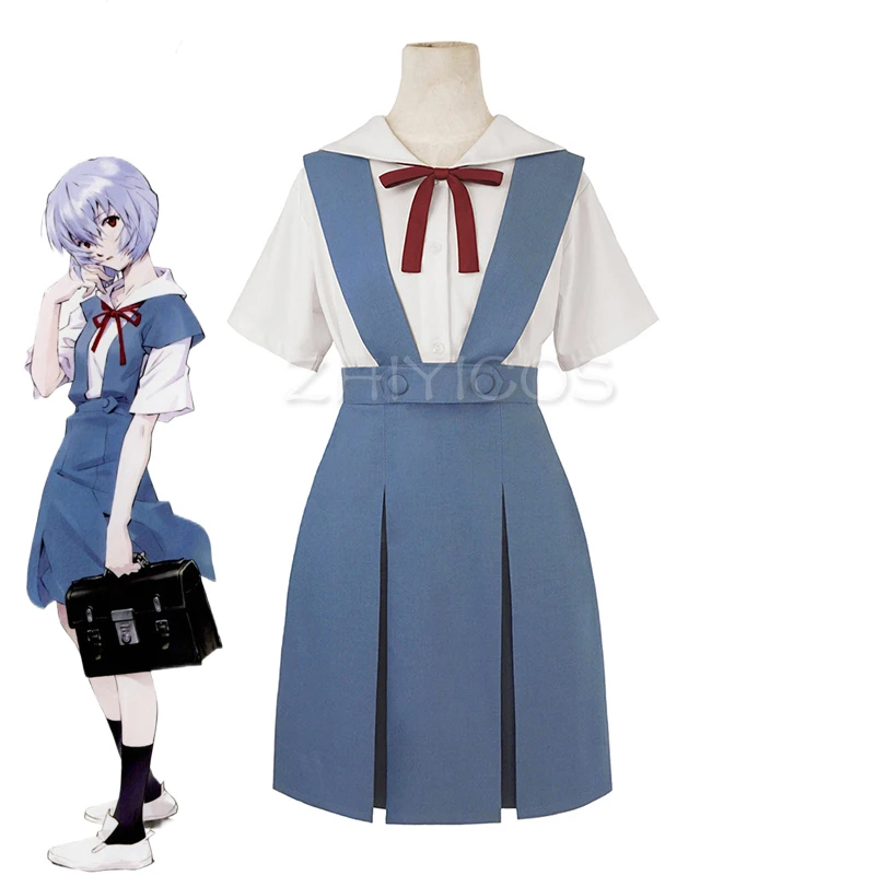 Высокое качество Ayanami Rei косплей костюм Asuka синяя школьная форма платье наряд