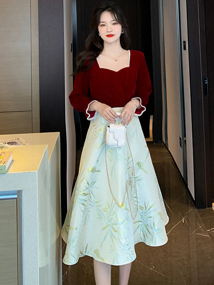 Новое китайское платье с квадратным воротником и принтом A Word женское