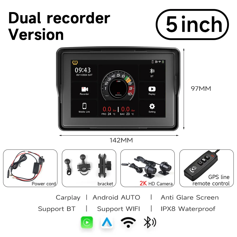 

JIUYIN 5-дюймовый мотоциклетный навигационный 2K IPX8 беспроводной CarPlay Android Auto Airplay экран монитор мотоцикла BT