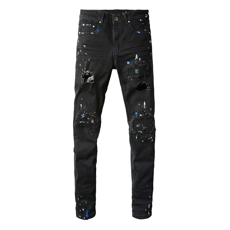 

Men Painted Biker Jeans Cracked Pleated Patch Holes Ripped Denim Pants Streetwear Skinny Tapered Stretch Trousers