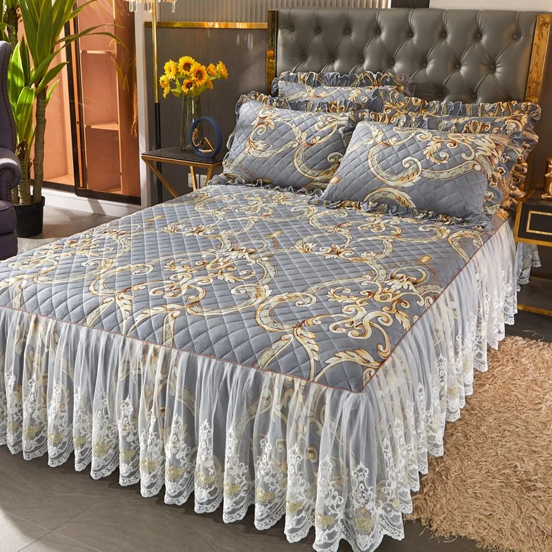 

Роскошное зимнее теплое бархатное покрывало для кровати с кристаллами, кружевная юбка для кровати, бархатное нескользящее покрывало, круже...
