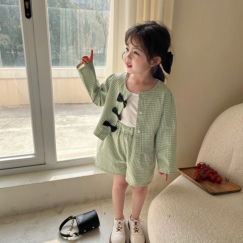 Baby Girl Clothes Sets Shirt+Short Spring Plaid Infant Toddler Child Homesuit Bowknot Long Sleeve Baby Clothes