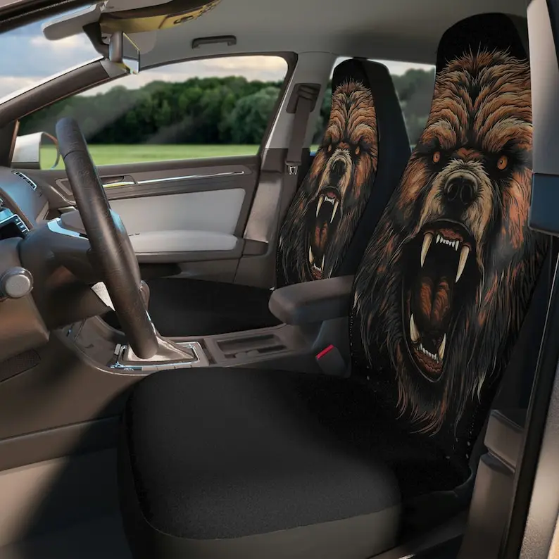 Roaring Grizzly Car Seat Covers - Epic Bear Print, Durable Polyester, Custom Vehicle Interior Upgrade, Nature Inspired Design -