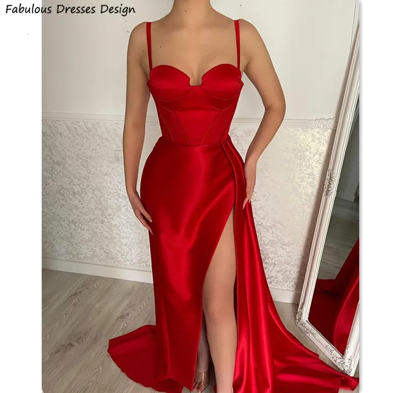 

Сексуальные красные платья русалки для выпускного вечера с длинным разрезом без бретелек женское платье для свадебной вечеринки