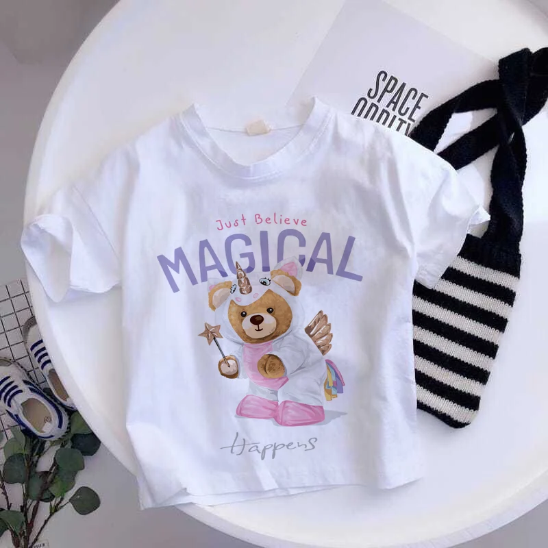 Футболка для девочек мишка тедди мультяшный медведь детская белая черная летняя