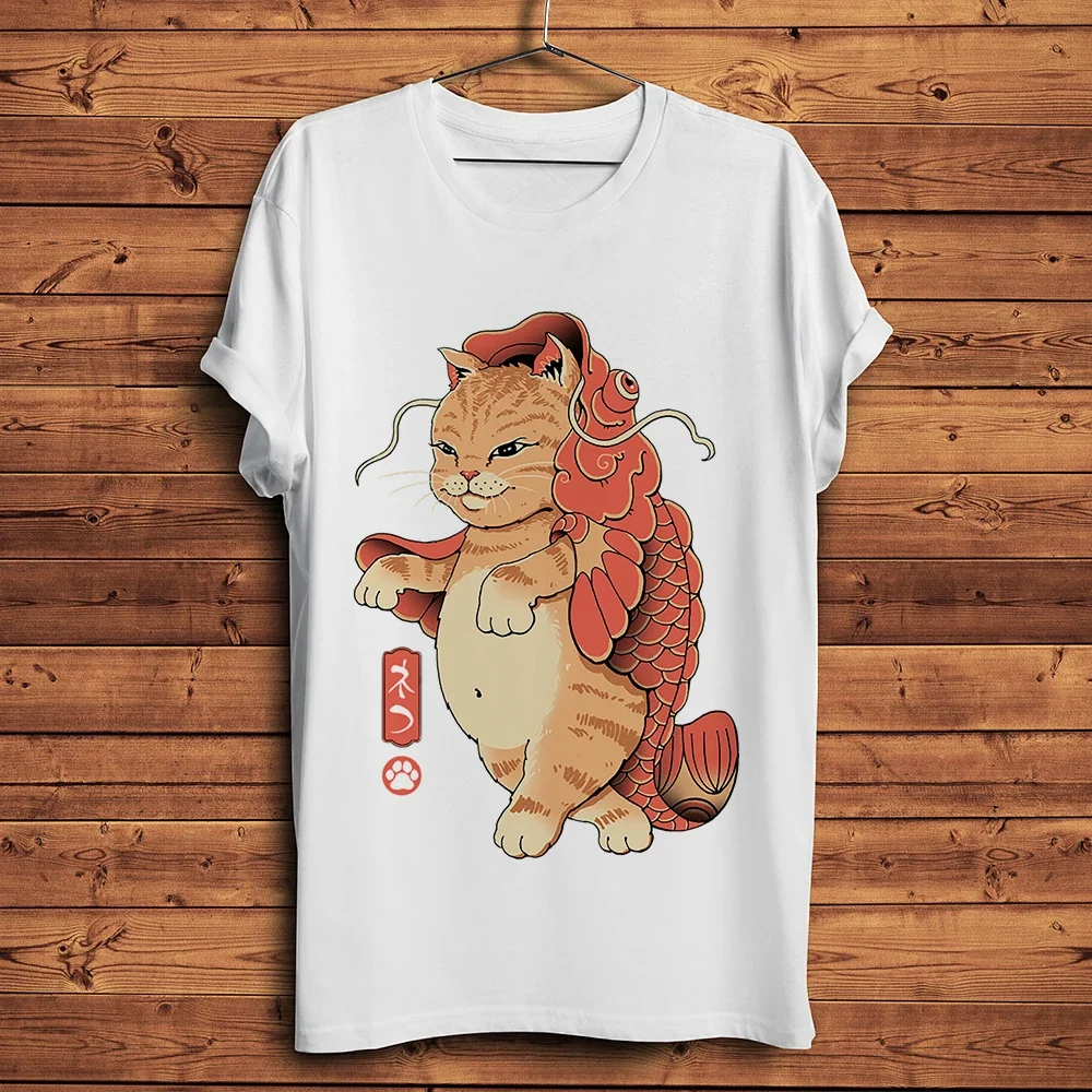 Фото Koi Tattoo Lucky Neko Cat Shogun Samurai Yamaguchi Gumi Забавная аниме-футболка Мужская белая повседневная футболка унисекс Уличная футболка №3