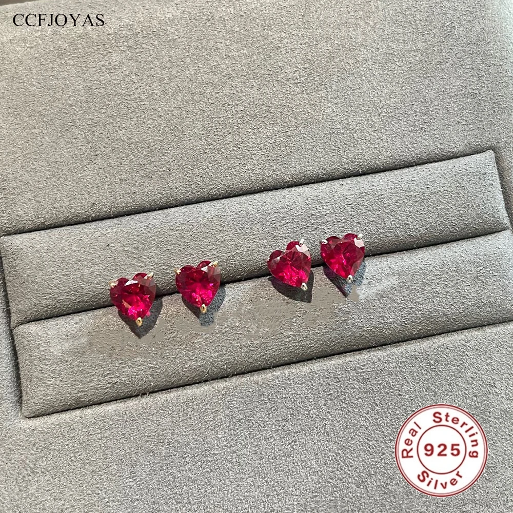 

CCFJOYAS 100% 925 Sterling Silver Rose red Zircon Heart Stud Earrings for Girl Mini Cute Studs 18k Gold Plated Piercing Earring