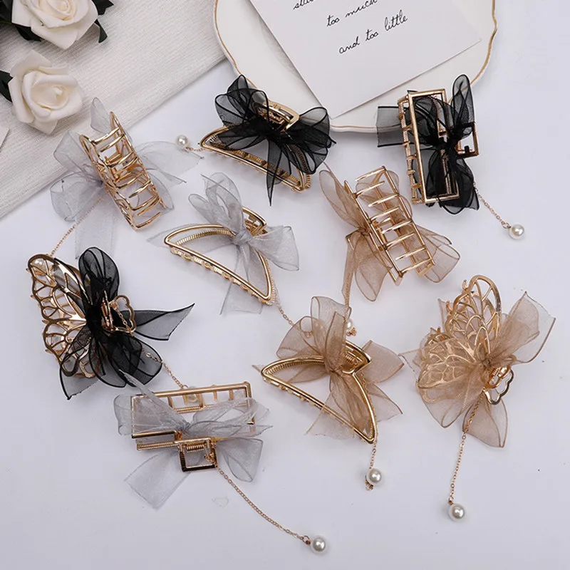 

Bow Ribbon Pearl Pendant Tassel Hair Claws Hair Accessories Metal Grab Clip Hair Clip