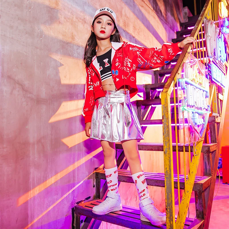 

Kids Hip Hop Clothing Children'S Jazz Dance Costumes Girls Cheerleading Dancing Clothes Hooded Jacket Sliver Skirts XS3583
