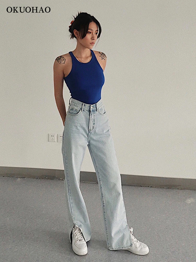 Джинсы-бойфренды Okuohao прямые широкие штаны свободные с высокой талией 2020 |
