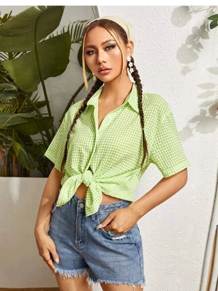

Spring Summer Women Green Plaid Cotton T Shirt with Collar Solid Color Fashion New Printed Casual Tops 2022