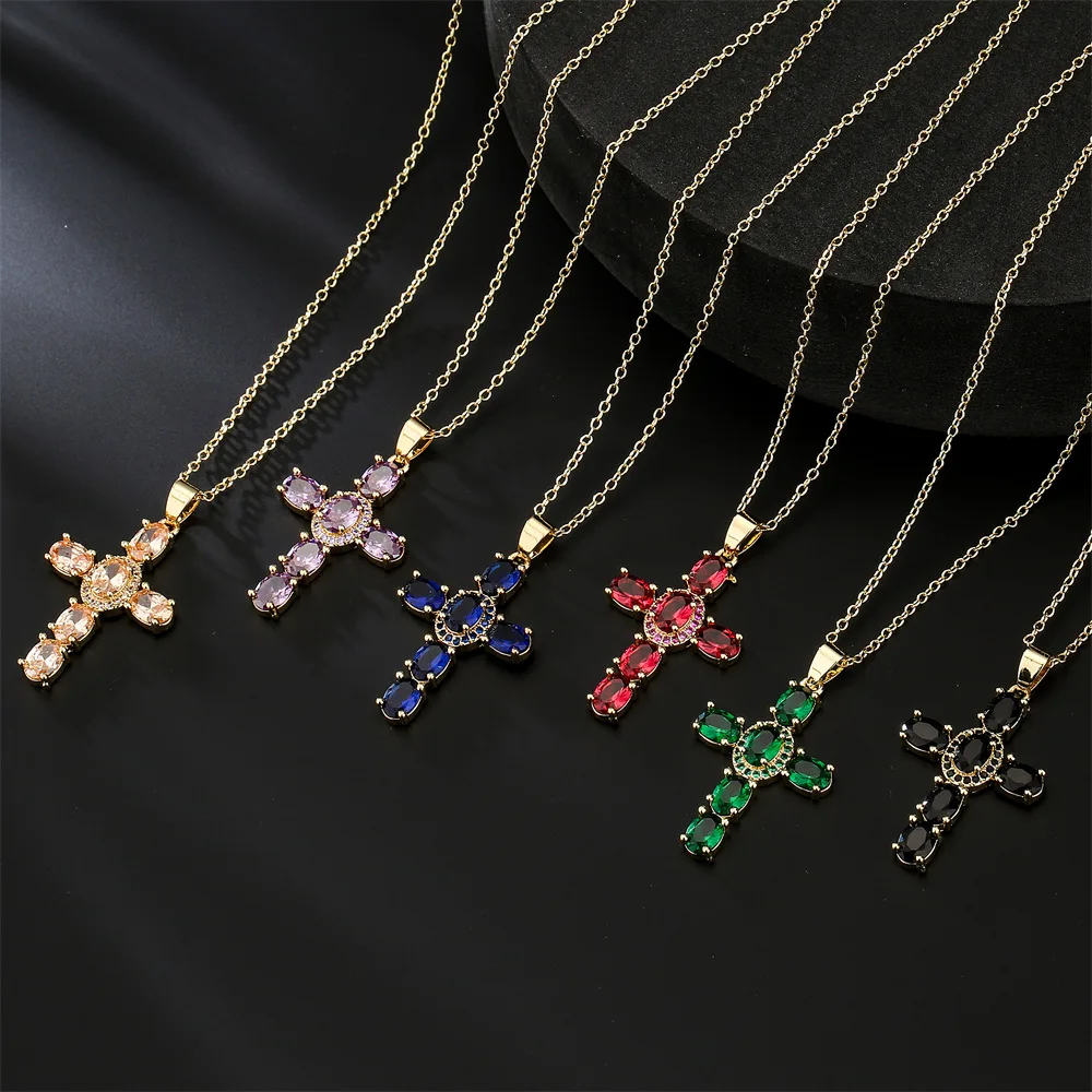 

Colorful Zircon Cross Pendant Necklace 2022 Hot Sale Women Brass Necklace Jewelry