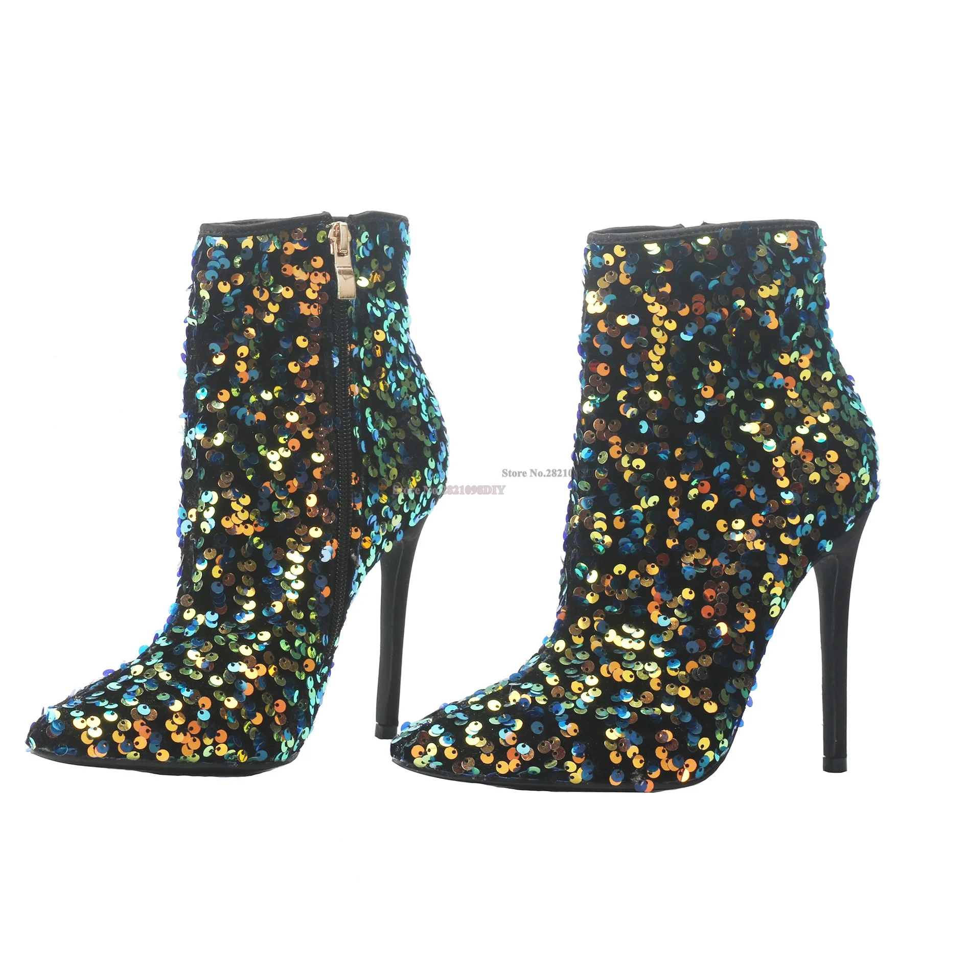 

Яркие блестящие полусапожки с острым носком на тонком высоком каблуке, женские модные короткие ботильоны большого размера на шпильке