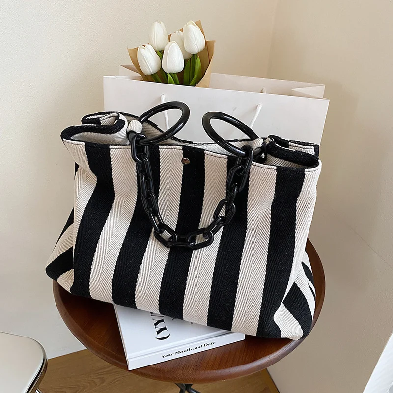 

Black And White Stripes Canvas Shoulder Bag For Women Tote Designer Female Bags New Fashion Handbags 2022 Trend Big Bag