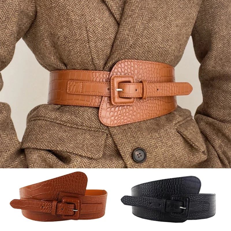 

Ladies Coat Extra Wide Waistband Black Brown Waist Belt Crocodile Pattern PU Leather Waist Seal Faux Leather Corset High Waist