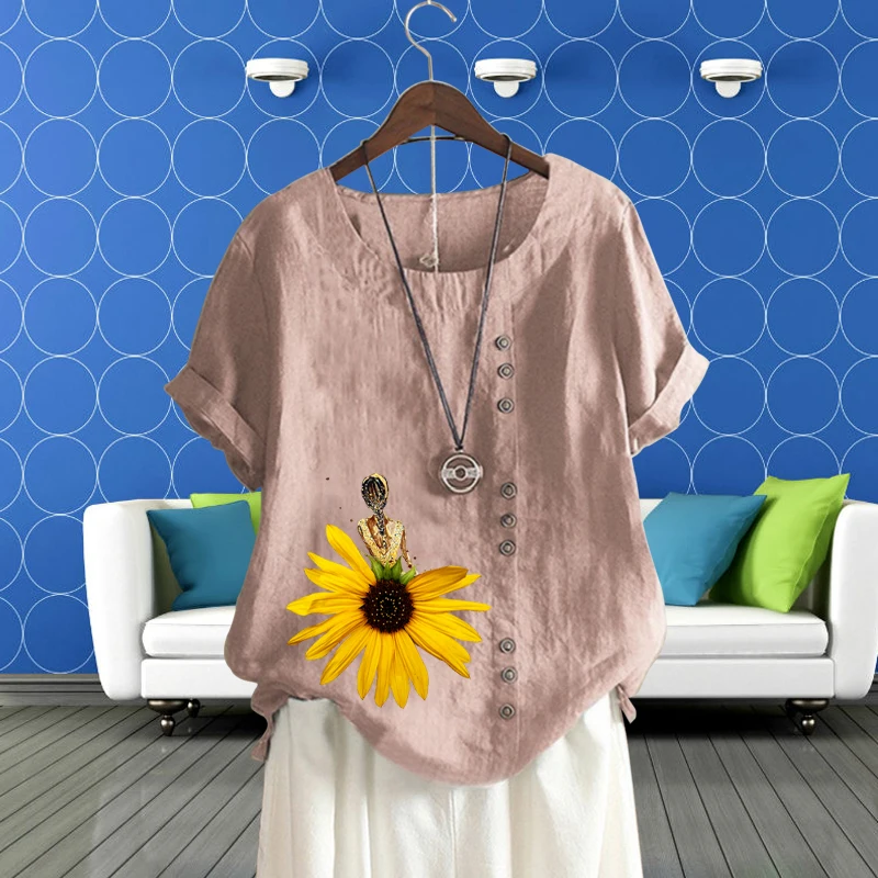 

Women's Clothing Casual Style Popular Loose Linen Short Sleeve Flower Pattern Round Neck T-Shirt Pullover Lady Casual Top