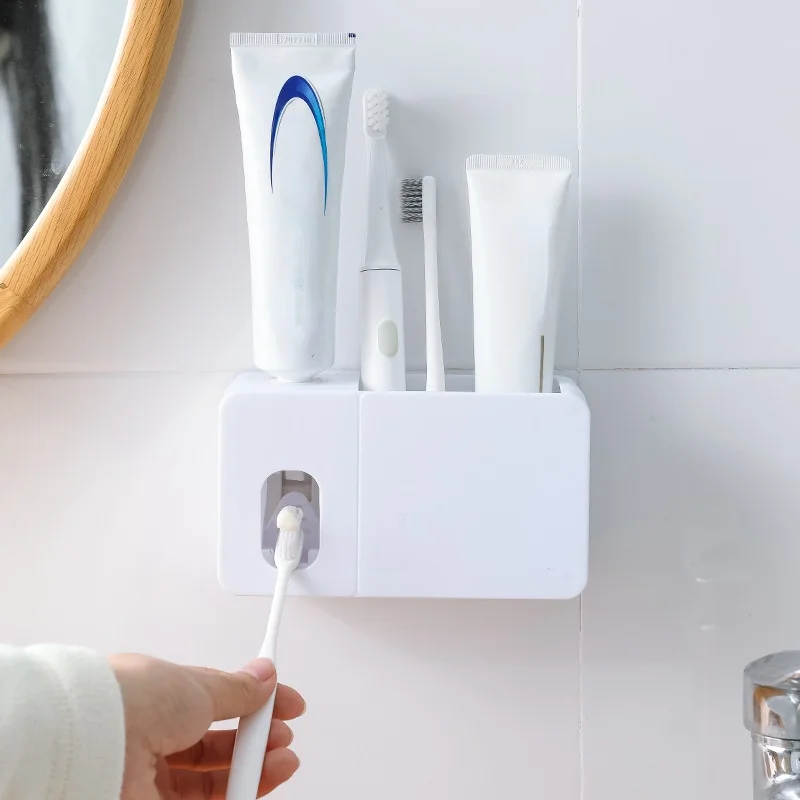 

2 In 1 Automatic Toothpaste Dispenser With Toothbrush Holder Wall Mount Tooth Paste Squeezer Bath Organizer Bathroom Accessories