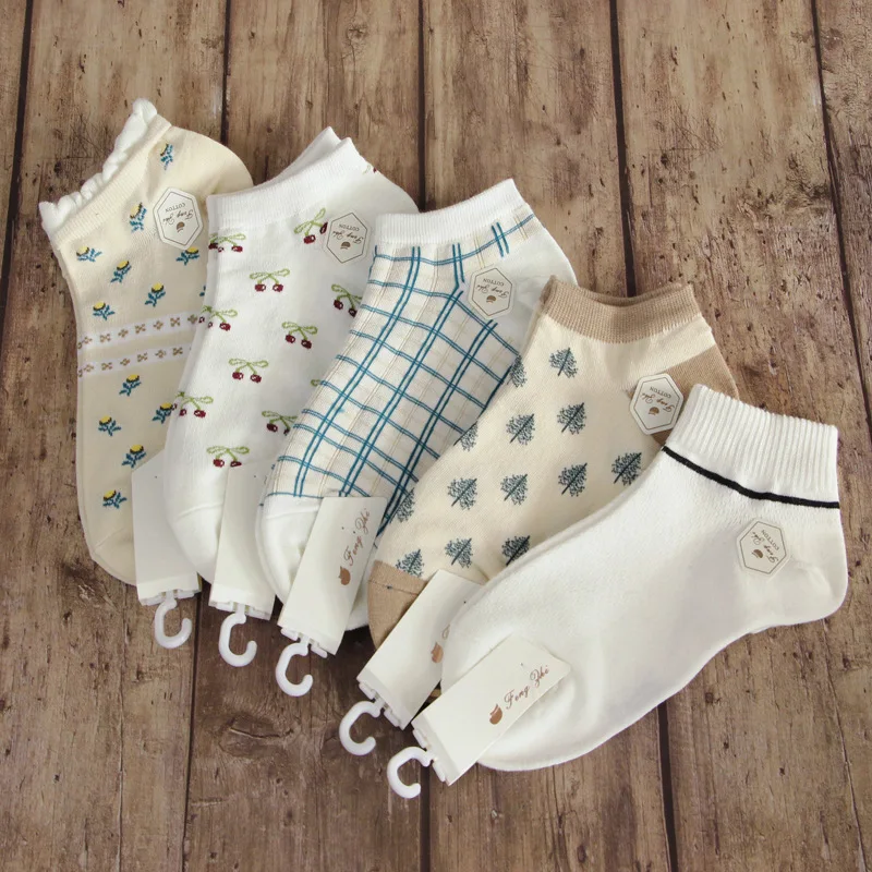 5pairs Women's Socks Summer Pure Color Cotton Breathable Stripes Ankle Socks Women's Double Needle Invisible Socks