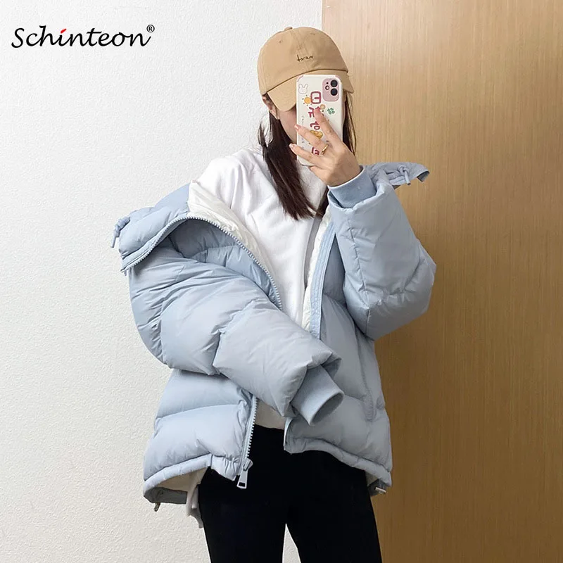 

Schinteon Women White Duck Down Jacket Simple Solid Color Loose Over Size Short Coat Autumn Winter Outwear Hood 2022 New Fashion