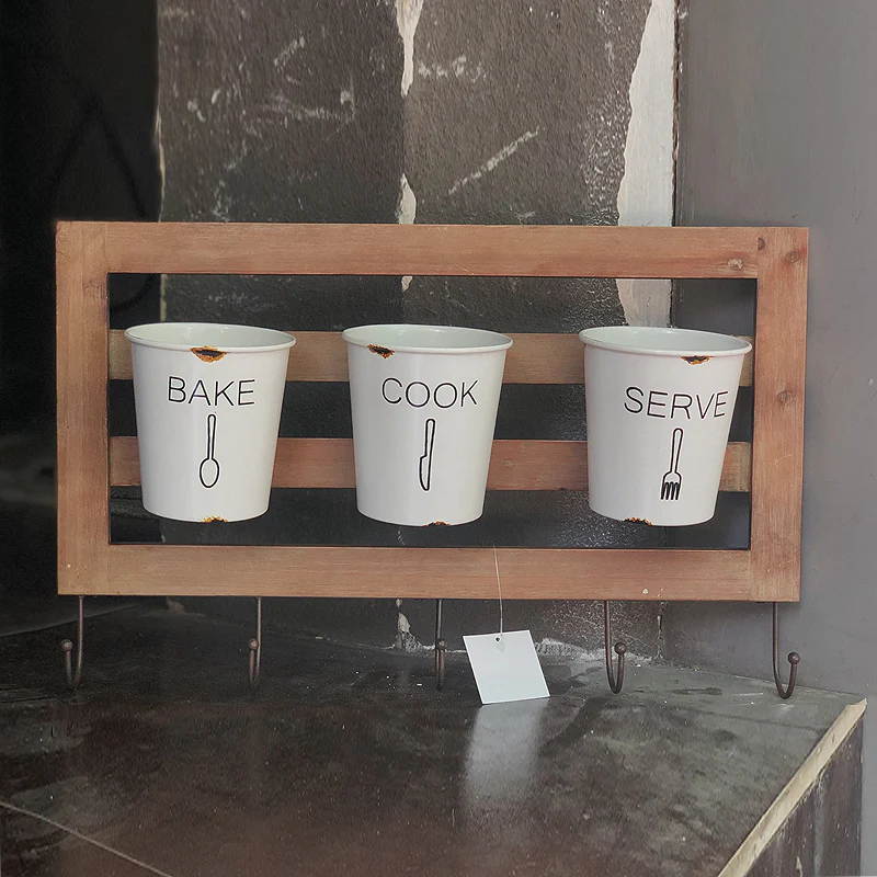 

country style handcrafed vintage wood wall shelf with 3 metal buckets