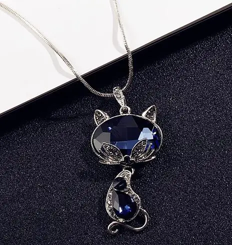 

New Fashion Blue Crystal Fox Cat Long Necklaces & Pendants For Women Simple Elegant Trendy Jewelry Sweater Chain