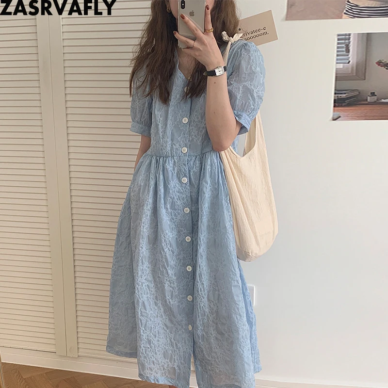 

Fashion Blue Midi Shirt Dress for Women Summer Loose V-neck Casual Puff Sleeve Single-breasted Dresses