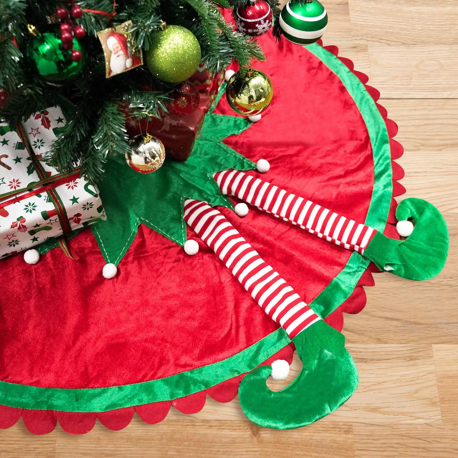 

48" Big Elf Christmas Tree Skirt with Candy Striped Legs Ripple Trim Border Xmas Elf Themed Decoration Holiday Accessories