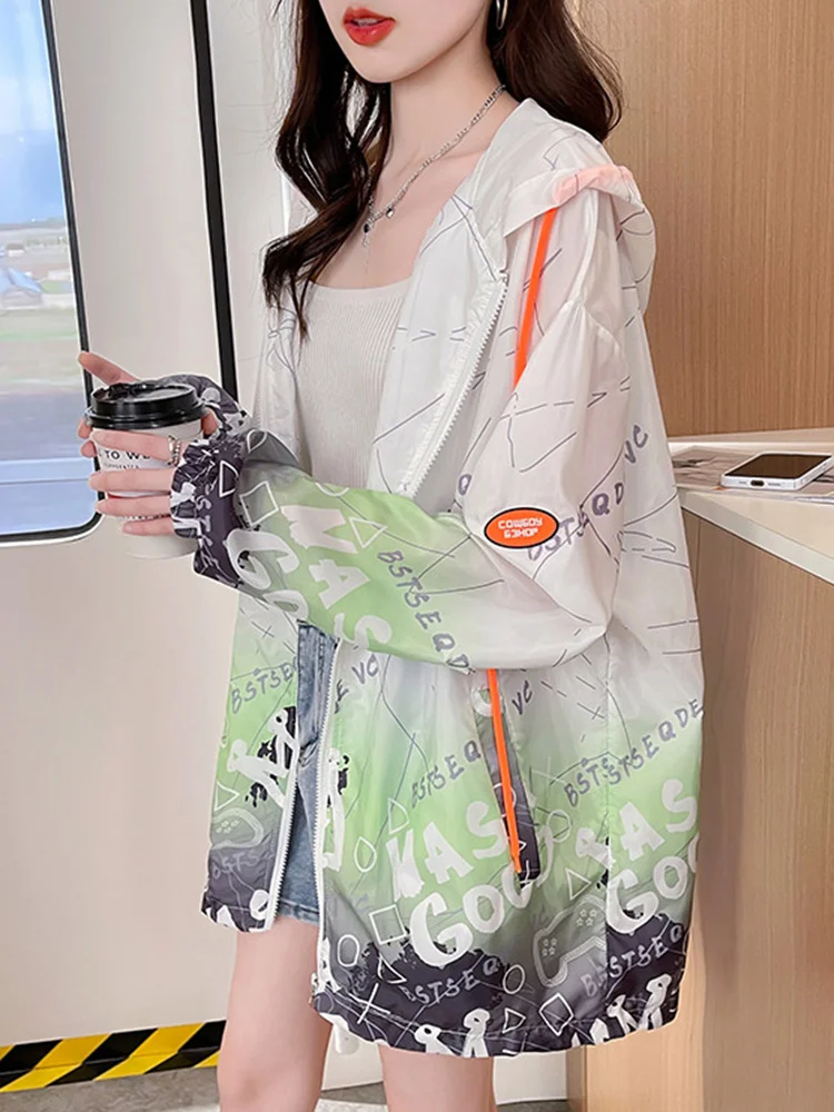 

Japan Sweet Gradient Sun-Proof Jacket Women Summer Fashion Thin Letter Long Sleeve Coats Preppy Style Loose Casual Outwear