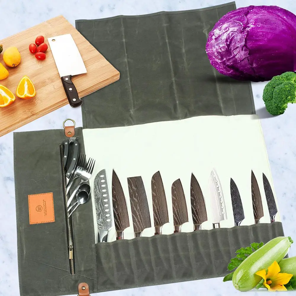 

Chef Knife Bag Waxed Canvas Knife Roll Bag for Knives Water-Resistant Knife Organizer for Chefs Culinary Students Kitchen Tools