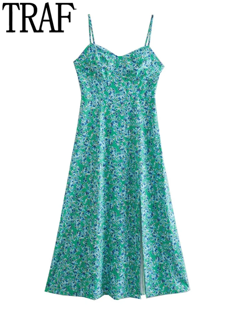 

TRAF Floral Slip Dress Woman Green Corset Long Dress Women Sexy Backless Midi Dresses for Women Thin Straps Slit Summer Dresses