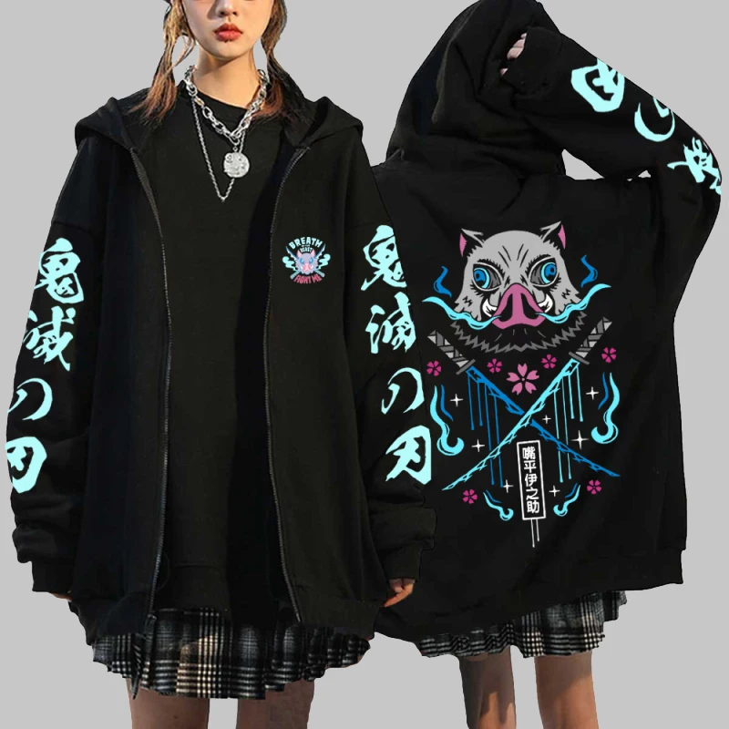 

Funny Anime Demon Slayer Zipper Hoodie Kimetsu No Yaiba Graphic Fight Inosuke Zip Up Hooded Sweatshirt Men Women Y2K Jacket Coat